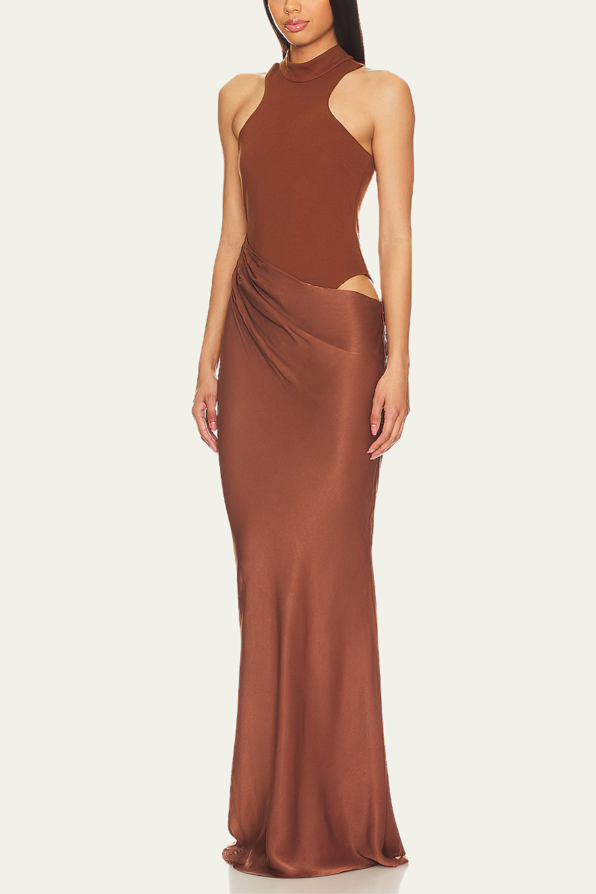 Trinity Sleeveless Satin Maxi Dress In Brown – Luxeles