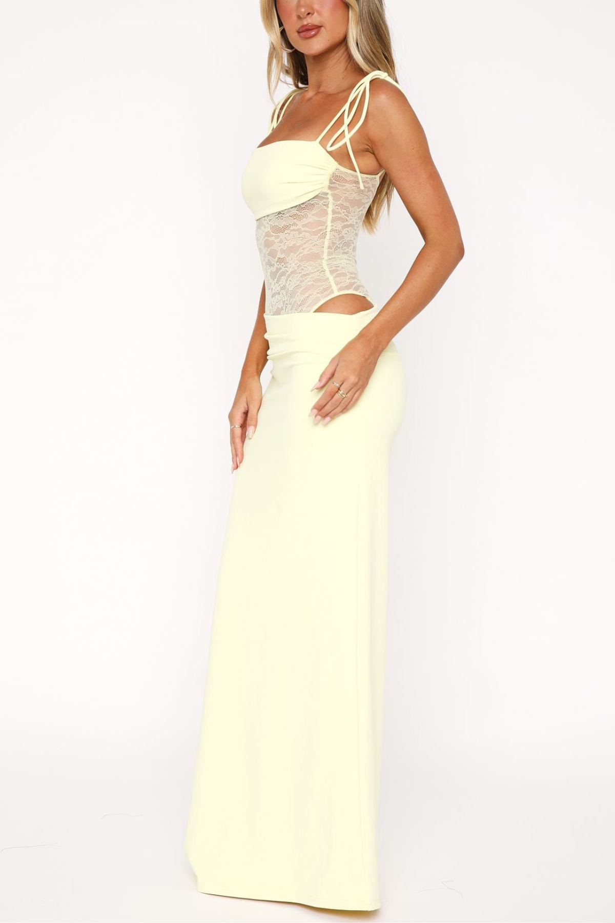 Willa Spaghetti Lace Mesh Maxi Dress In Butter Yellow