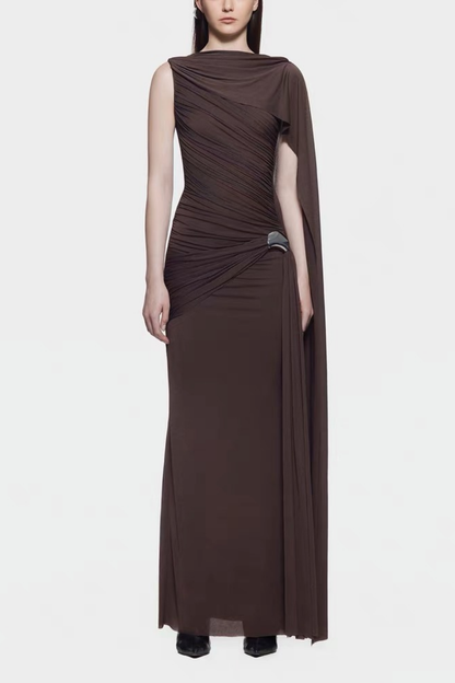Wynter Ruch Asymmetric Shawl Maxi Dress In Brown – Luxeles