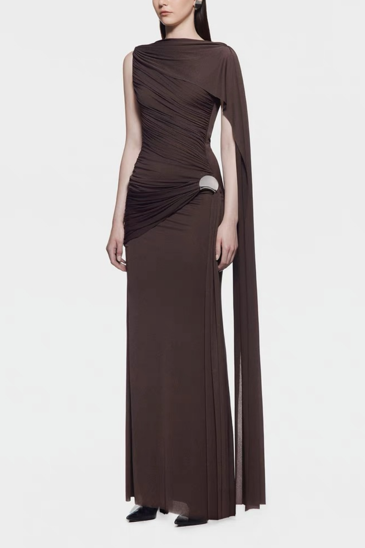 Wynter Ruch Asymmetric Shawl Maxi Dress In Brown – Luxeles