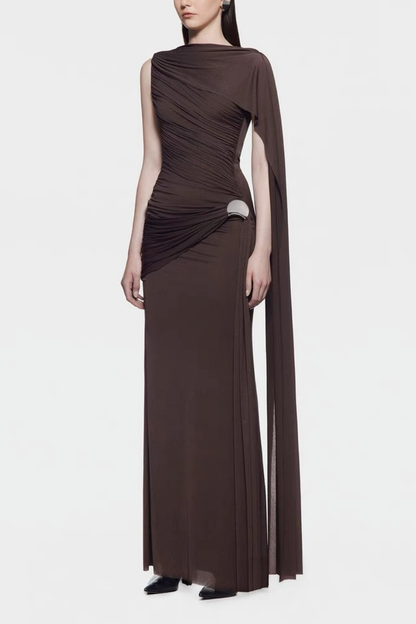 Wynter Ruch Asymmetric Shawl Maxi Dress In Brown – Luxeles