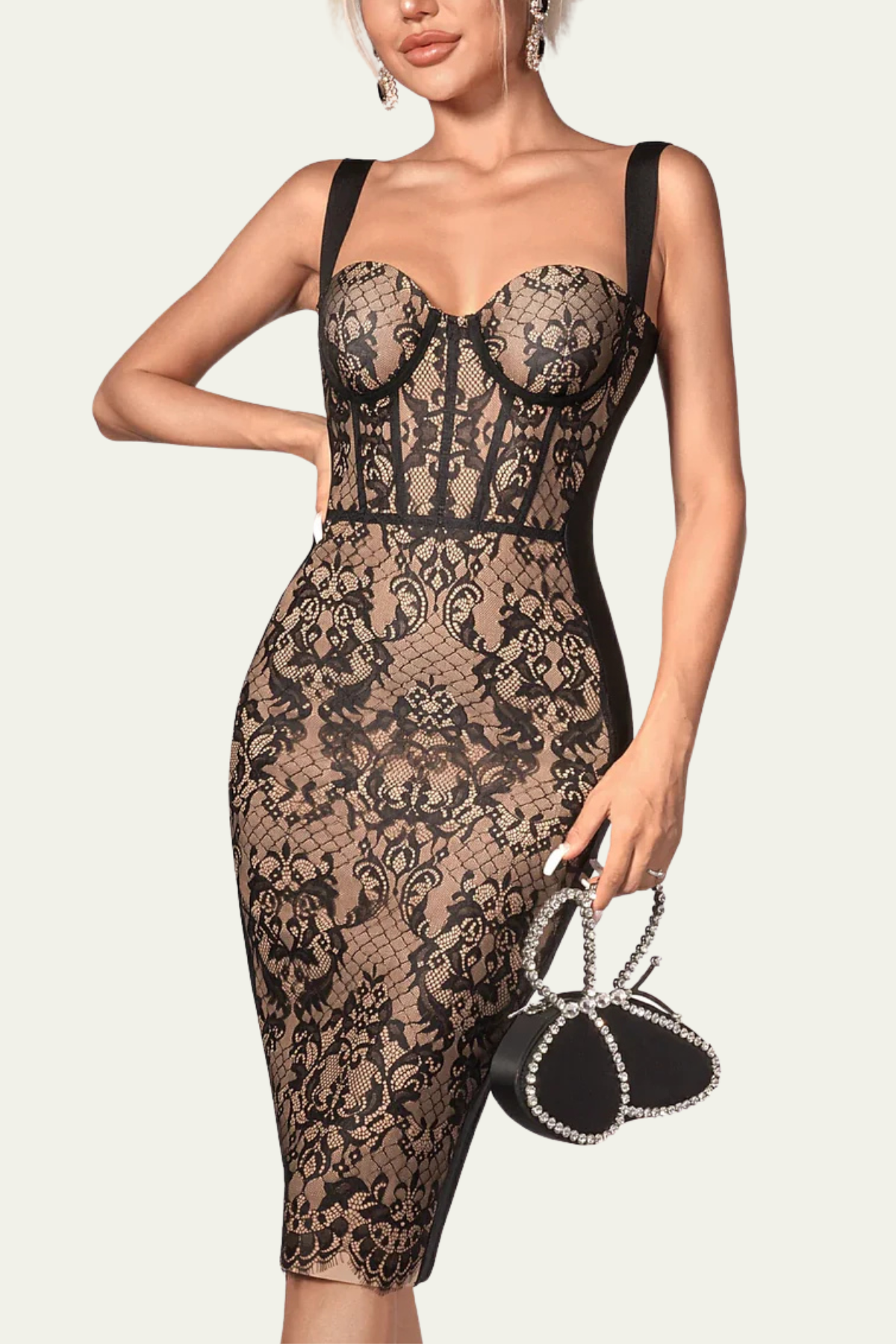 Ximena Lace Spaghetti Corset Midi Dress In Black