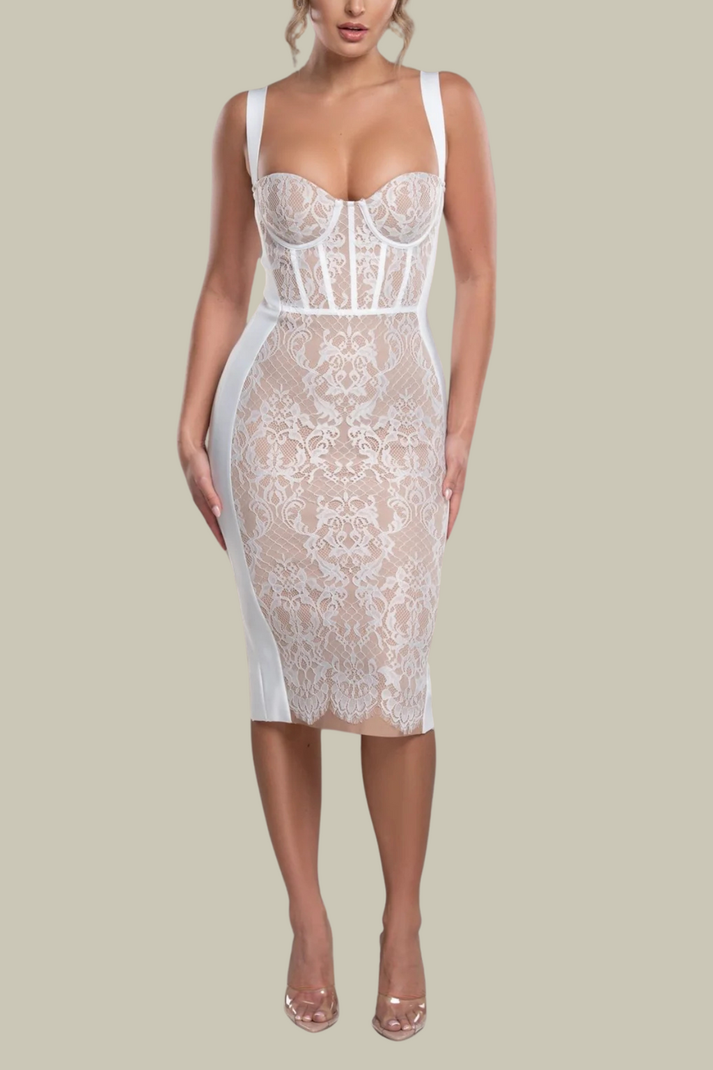 Ximena Lace Spaghetti Corset Midi Dress In White – Luxeles