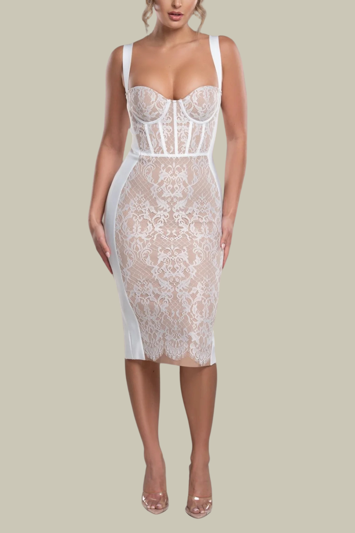 Ximena Lace Spaghetti Corset Midi Dress In White