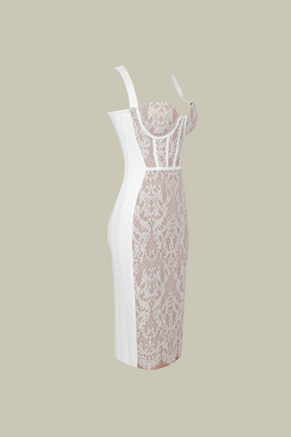 Ximena Lace Spaghetti Corset Midi Dress In White