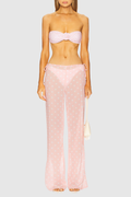 Zariah Dot Flower three piece swimwear pink bikini set with white polka dots 3D floral details and sheer pants