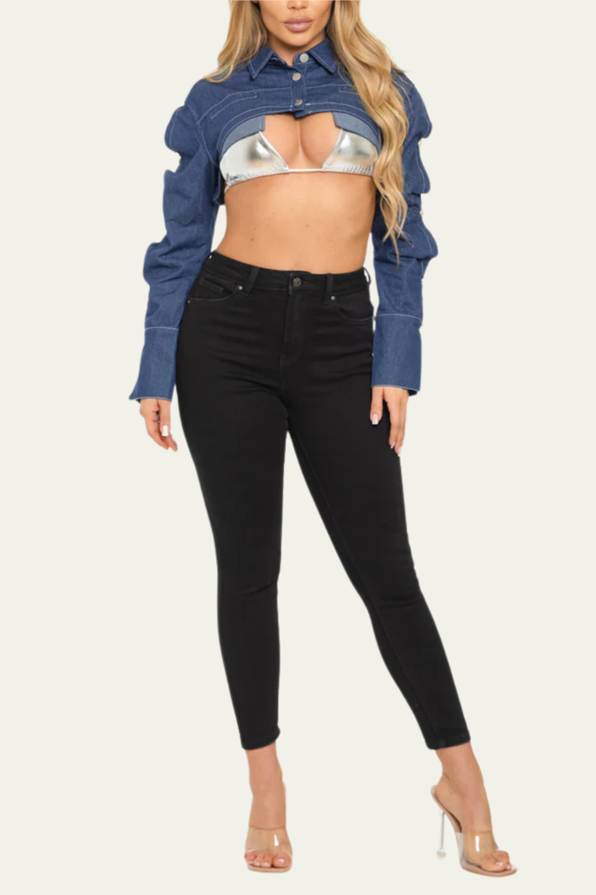 Zaro Deconstruct Button Crop Denim Jacket