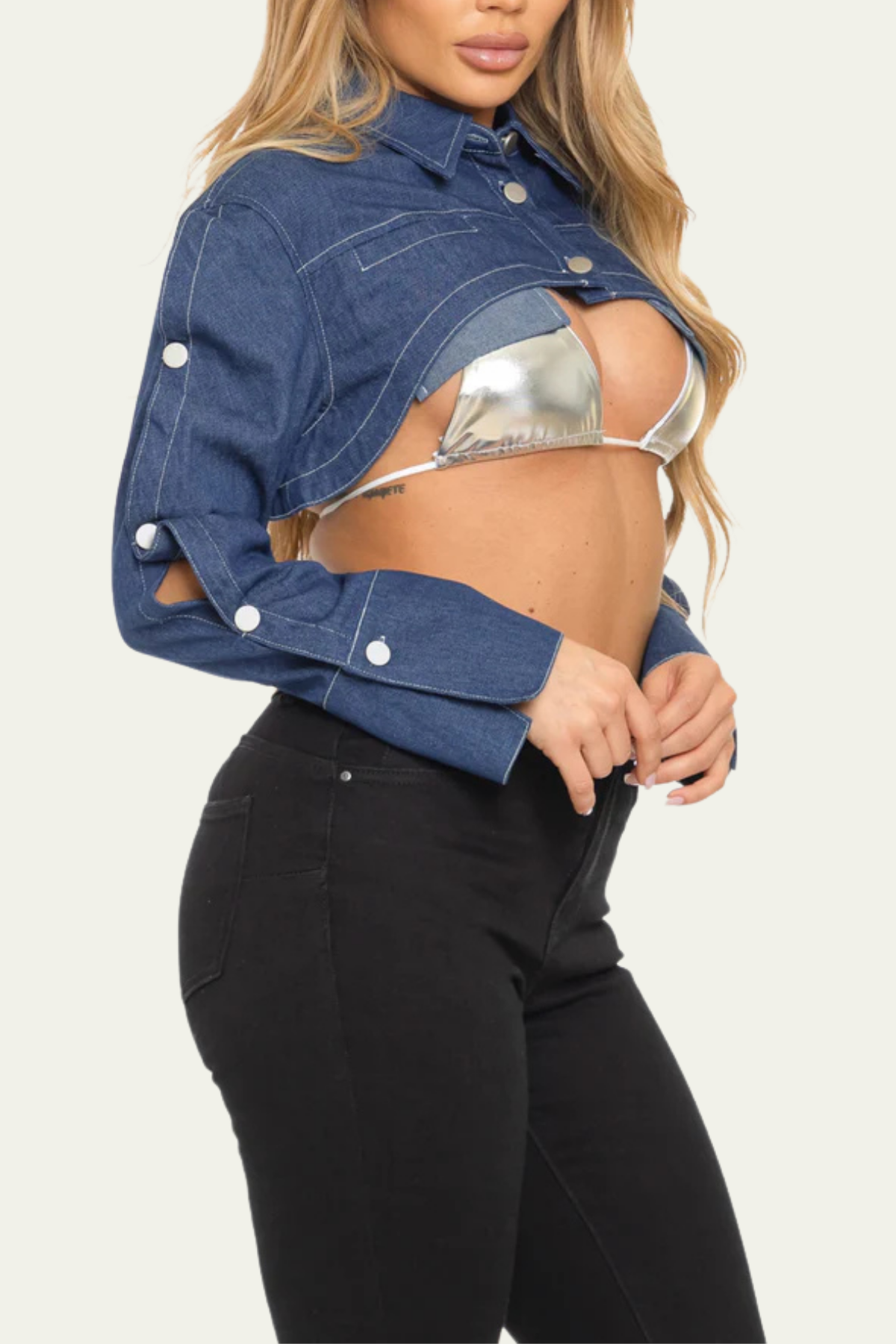 Zaro Deconstruct Button Crop Denim Jacket